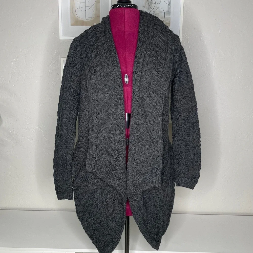 Aran Crafts Cardigan Womens L Gray 100% Merino Wool Cable Knit Made in Ireland
